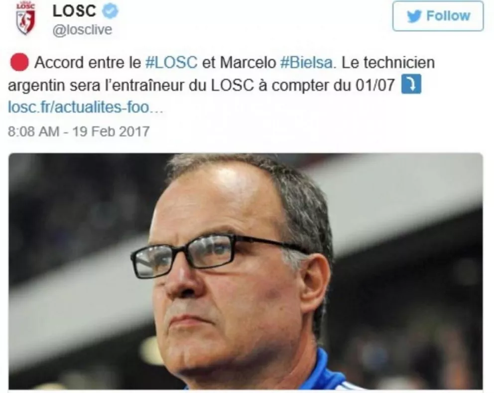 Bielsa será el nuevo entrenador del Lille de Francia a partir del 1 de julio
