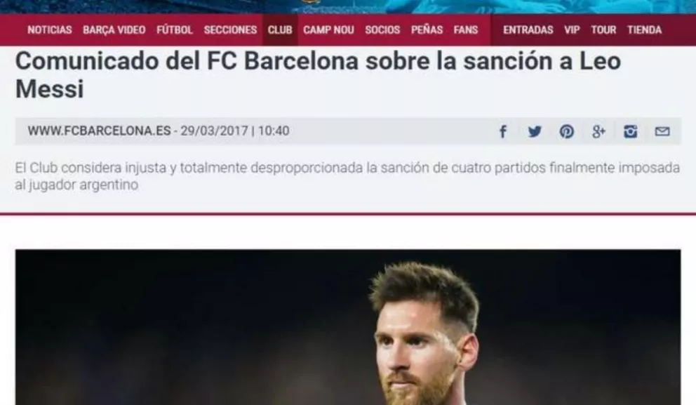 Barcelona considera "injusta y desproporcionada" la sanción a Messi