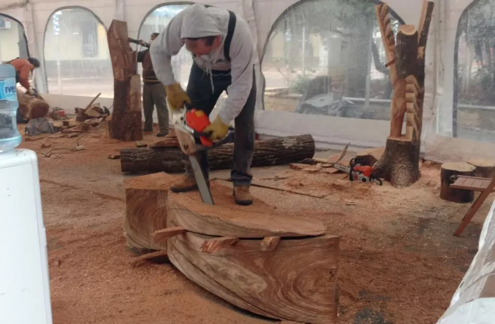 Escultores trabajan la piedra y la madera en la plaza Sarmiento de Eldorado