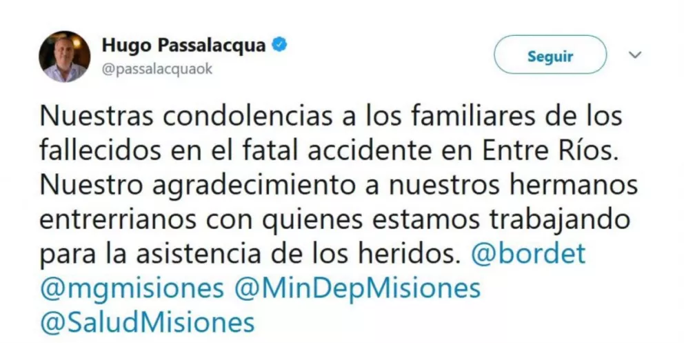 Passalacqua brindó su apoyo a las víctimas del accidente en Villaguay