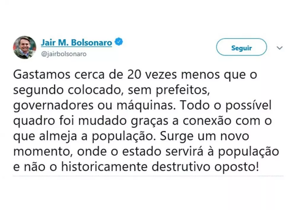 El presidente electo de Brasil, Jair Bolsonaro, destacó ayer que utilizó muchos menos fondos que el PT para ganar las elecciones.