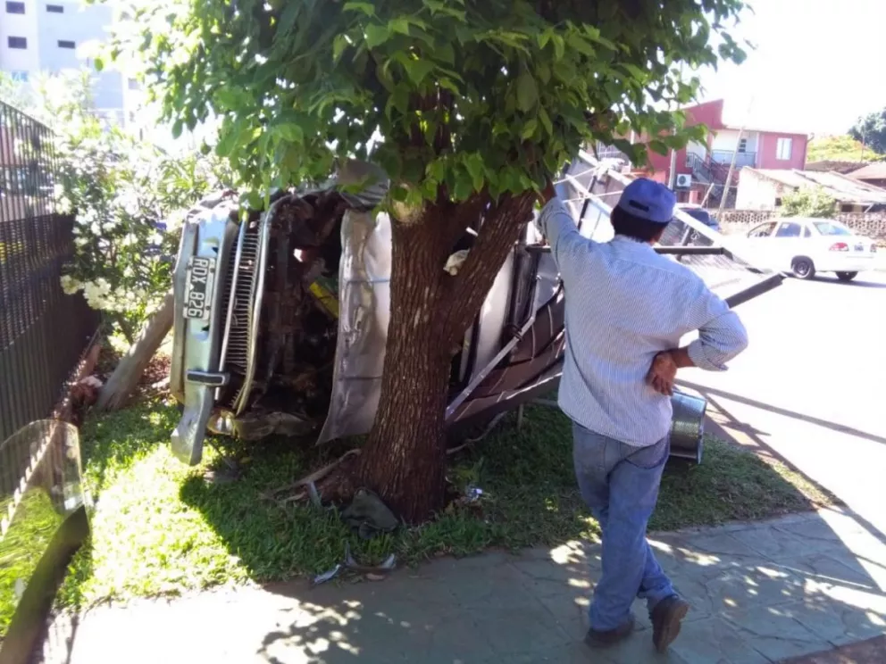 La camioneta terminó frenando de costado y contra un árbol.