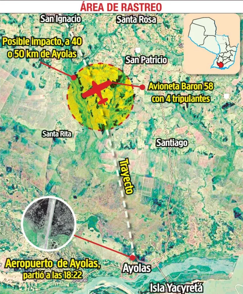 Zona donde se busca la avioneta del Ministerio de Agricultura de Paraguay en la que viajaba Luis Gneiting