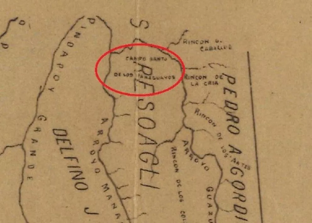Mapa de la época que señaliza el camposanto paraguayo.