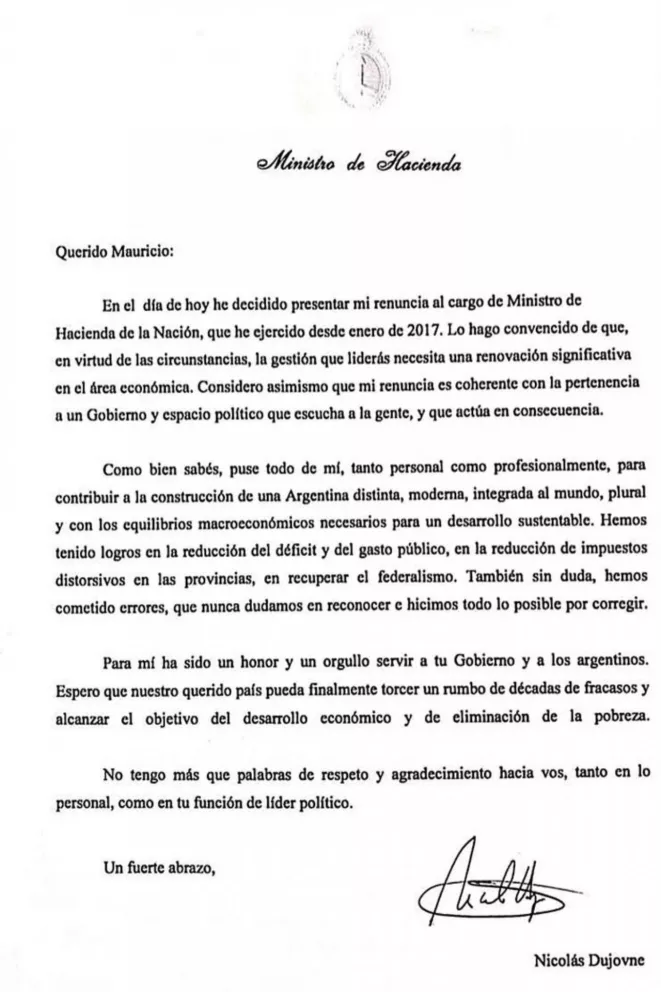 La carta de Dujovne a Macri para renunciar como ministro de Hacienda