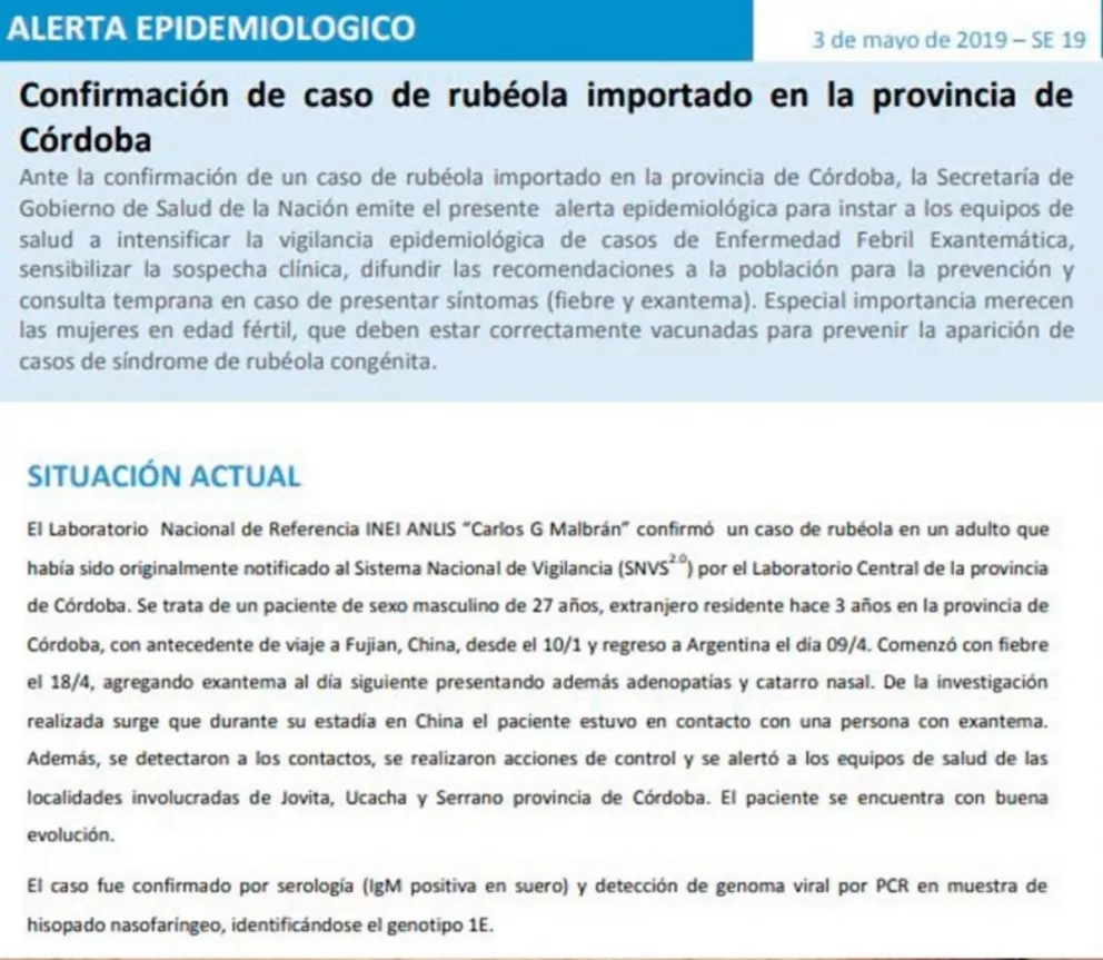 Alerta epidemiológica por un caso de rubéola en Córdoba