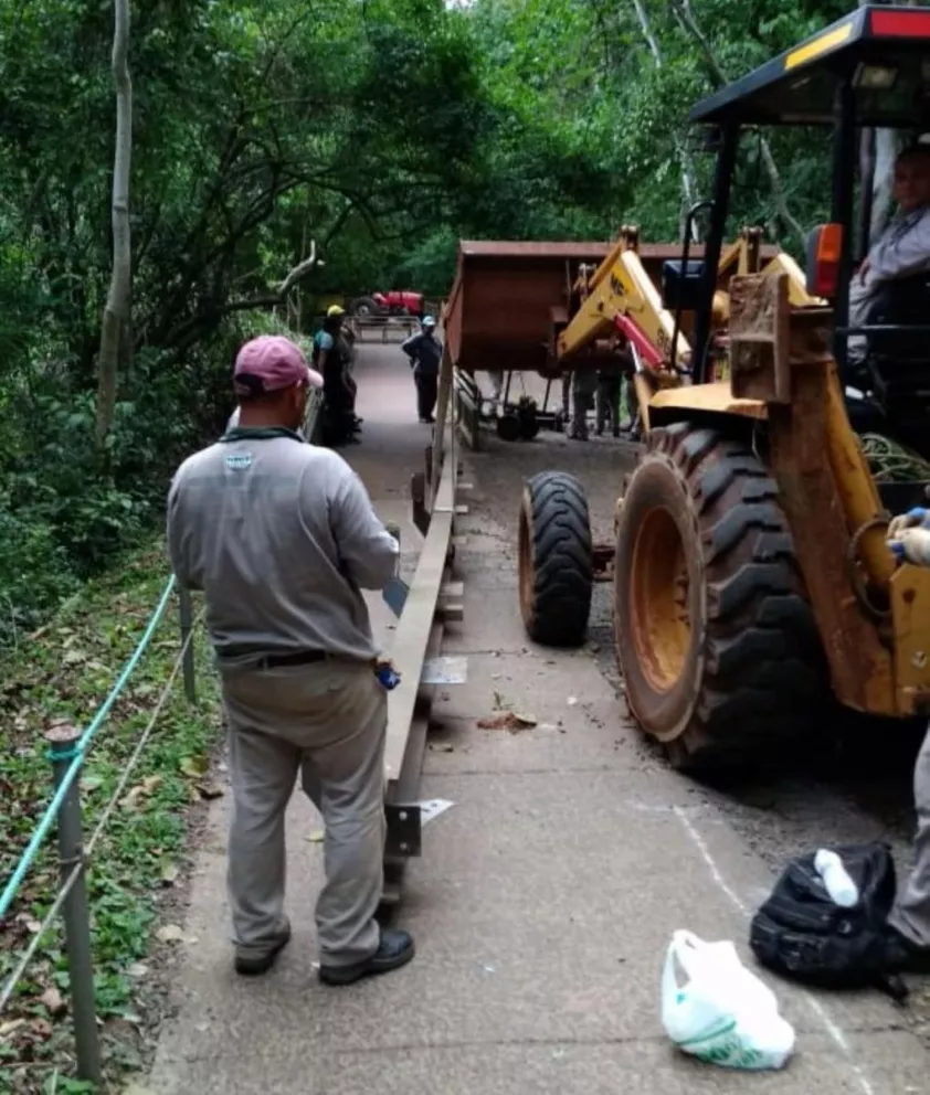 Trabajadores del Parque Nacional Iguazú trabajan para reparar los daños que provocó el derrumbe
