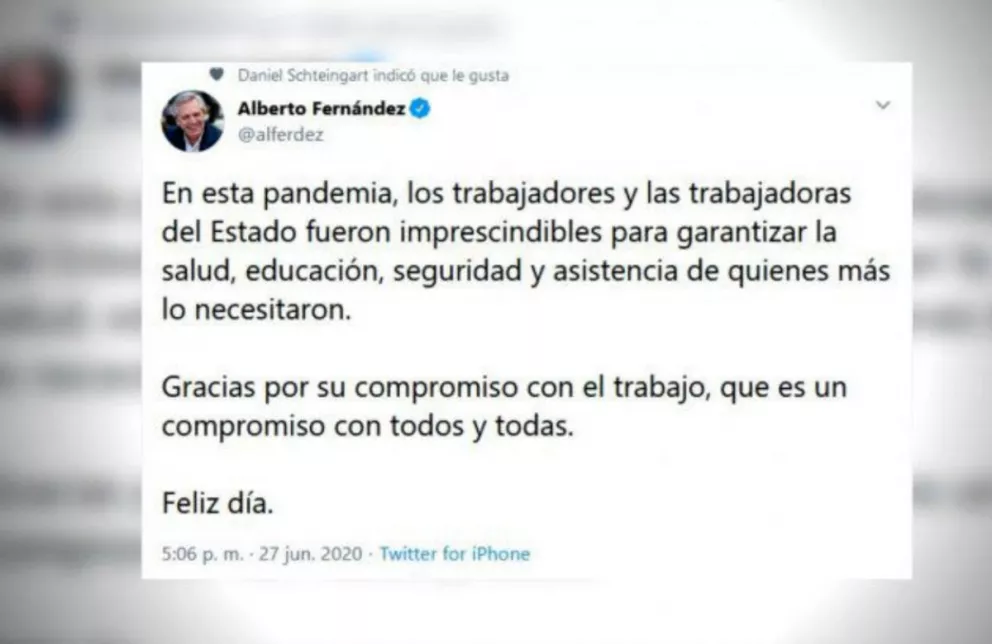 Alberto Fernández saludó a los trabajadores estatales en su día 