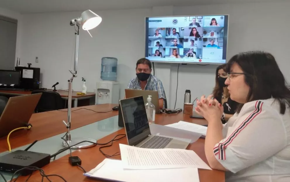 La diputada Natalia Rodríguez encabezando la reunión, por videoconferencia, donde se firmó el dictamen de los presupuestos